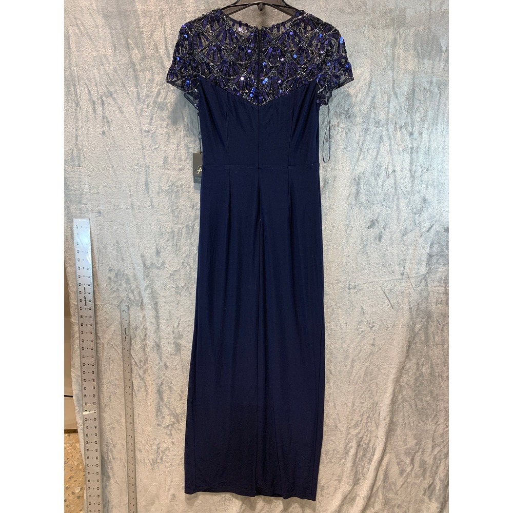 Adrianna Papell Midnight Blue Bead Jersey Long Dress AP1E211843 Size 4 NWT
